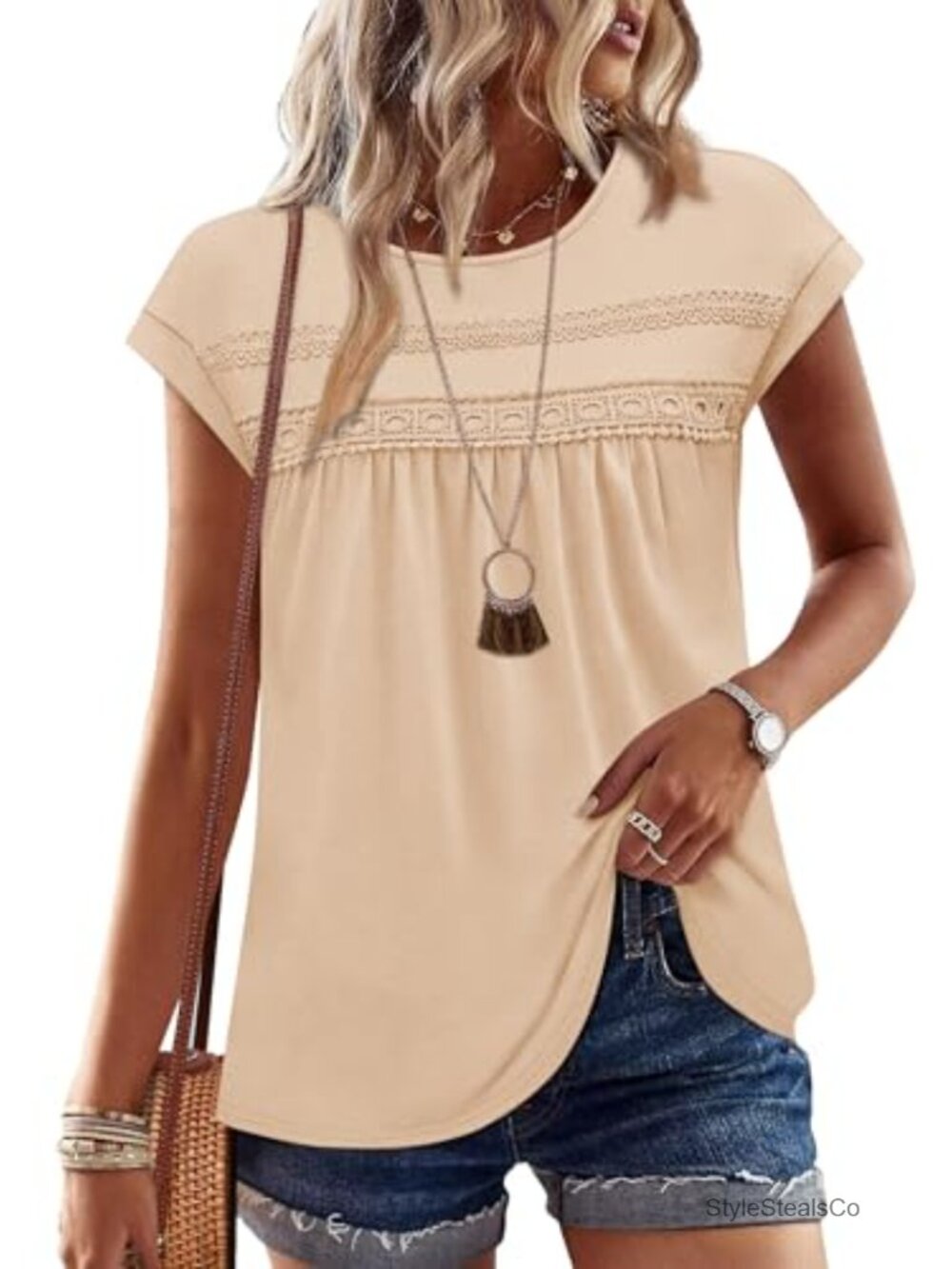 Womens Summer Lace Crochet Cap Sleeve Peplum Blouse Casual Loose T-Shirt